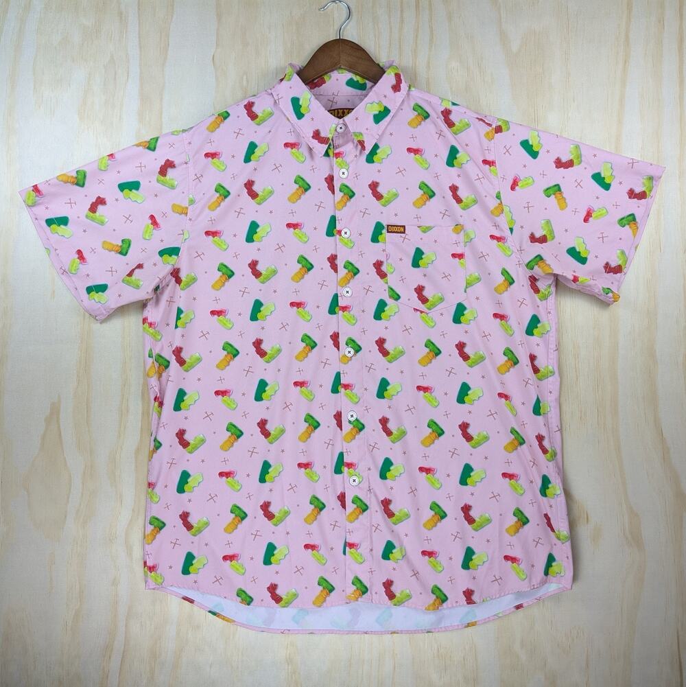 Dixxon Men's XL The Dad Bod Party Shirt Pink Gummy Bear Short Sleeve Stretch